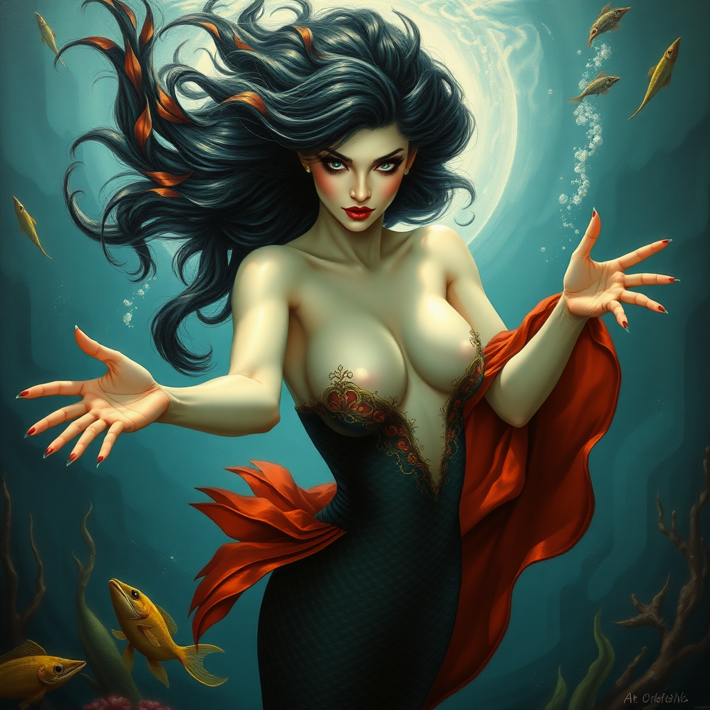 Vampirella as a mermaid underwater amazing loose flowing hair floating in a nimbus around her beautiful face her arms outstretched towards the viewer and she's looking down into the viewer's eyes making intense eye contact. loose fitting diaphanous. Burlesque. Stunning undersea life details plants and fish and other creatures of the sea. Powerful three dimensional graphic effects. oil painting