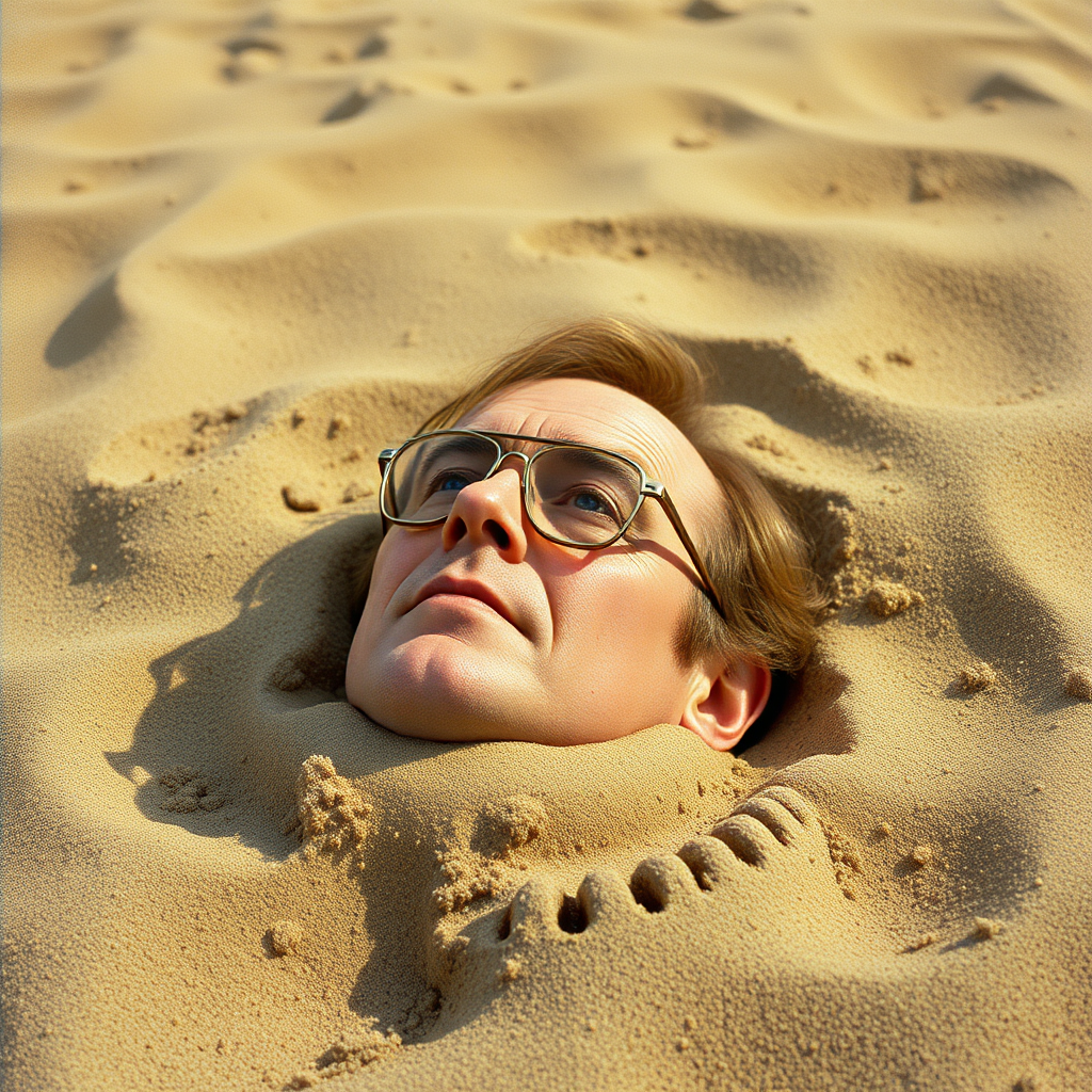 Highly detailed Kodachrome color real surrealist photograph from 1974 of Marshall McLuhan, casual viewing Head buried in the sand