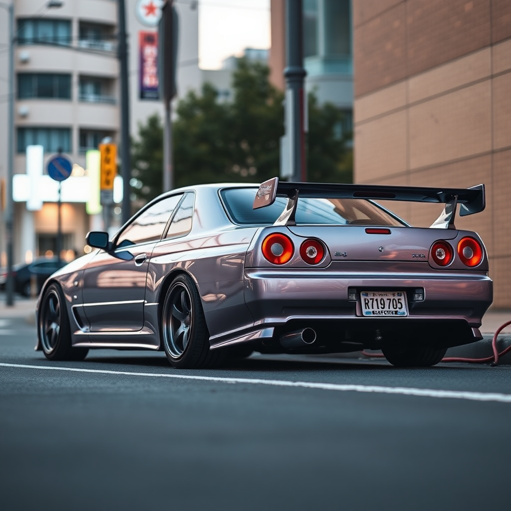 The car is parked on the side of the road, inspired by Taiyō Matsumoto, tumblr, restomod, nd4, c4 metallic shine nissan skyline r34 kalabalik tokyo gece arkaplan