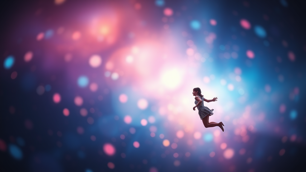 Low Key Lighting, dreamscape, nebula, Bokeh, abstract, brilliant colors, glittering, translucent, iridescent, glowing, artistic photo, panoramic, airy, original, experimental, interdimensional, fireworks, preteen girl floating in the distance