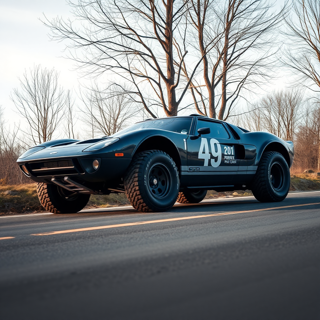 concept ford gt90 the 4x4 car is parked on the side of the road, inspired by Taiyō Matsumoto, tumblr, restomod, nd4, c4