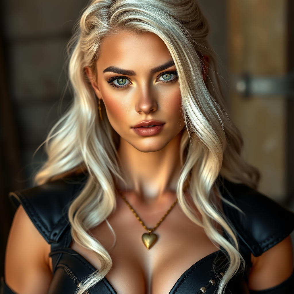 Portrait of a beautiful young woman with long wavy platinum blonde hair, green eyes, a suntan, light brown eyebrows, and large breasts. She is wearing black leather armor and a gold necklace with a small heart pendant.