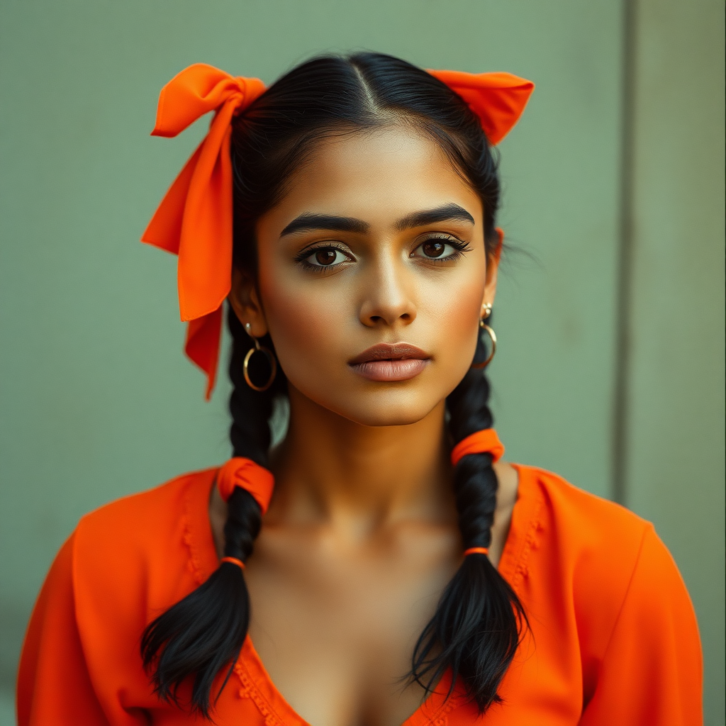 a woman in an orange top posing for a picture, an album cover, inspired by Herb Ritts, trending on dribble, arabesque, twintails, arab young monica belluci, hair are wired cables, tifa, carnal ) wet, captura, pigtails, aenaluck, indian, hair are cable wires, sakimichan