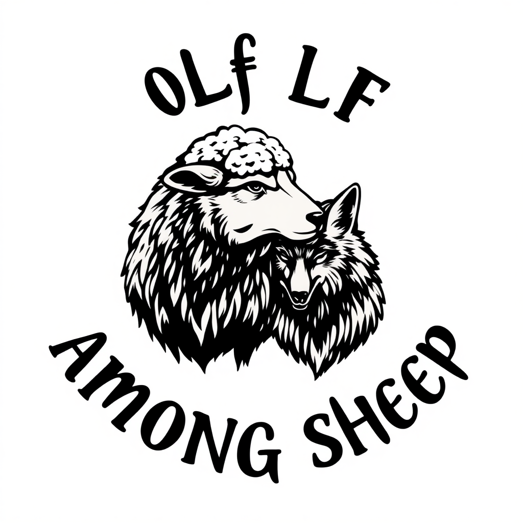 'Wolf among sheep' slogan with sharp font. Black & white. Art of sheep and wolf.