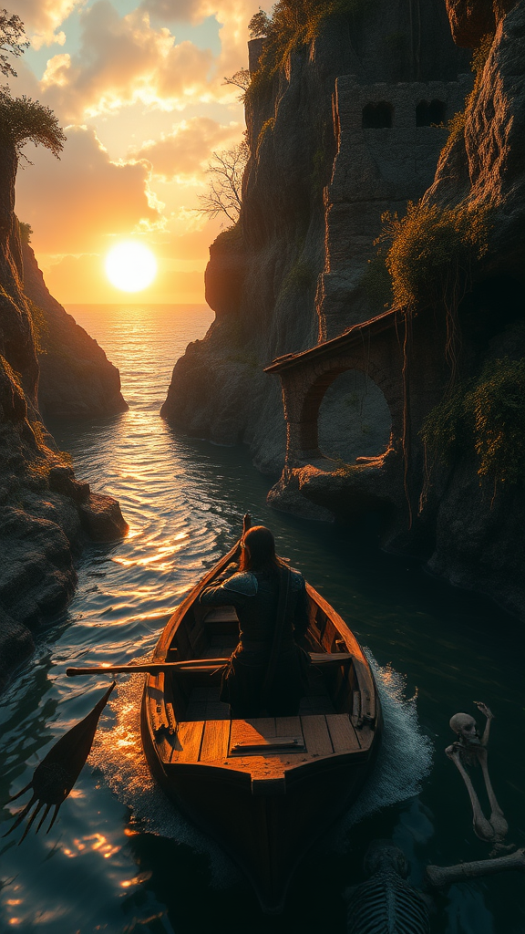 An epic cinematic low camera angle of a wounded scarred knight in a small wooden boat navigating a precarious river with imposing cliffs with embedded ruins and interesting rock formations and rock overhangs and bridges, overgrown with nature, embedded ruins, hanging vines, foliage, trees, and sporadic dead skeletons and armor from dead warriors. The cliffs reveal the background of the ocean at sunset with a big sun and dramatic clouds.