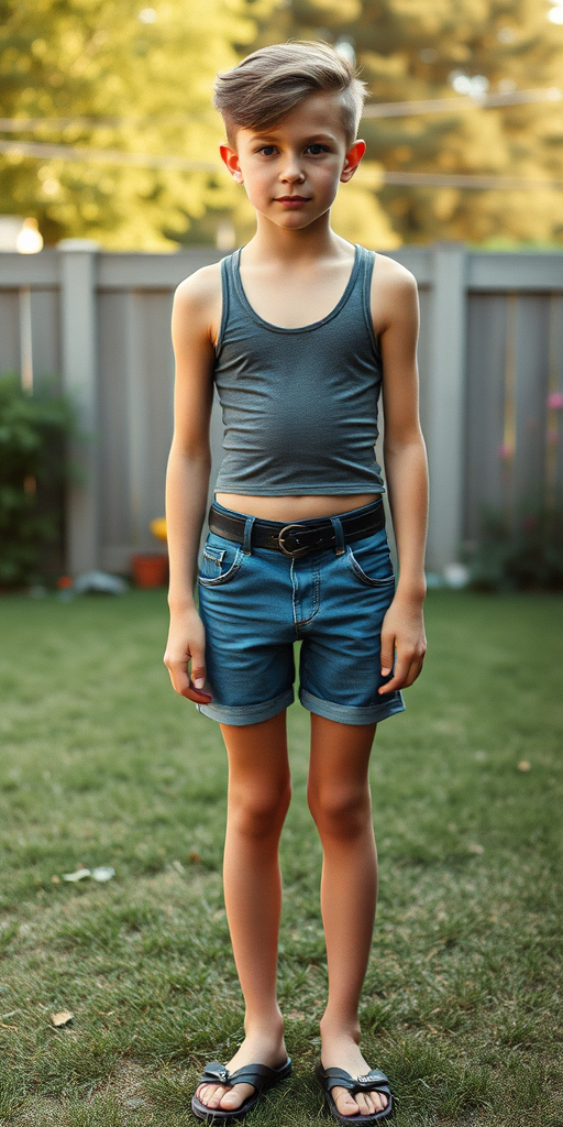 photorealistic, ultra high resolution, 16K, a tall skinny long hairs bow cut 13yo boy wearing crop thin tank top, denim tight booty shorts, long legs, bare thighs. At backyard. Full length view. Vintage family photo, 1980s.