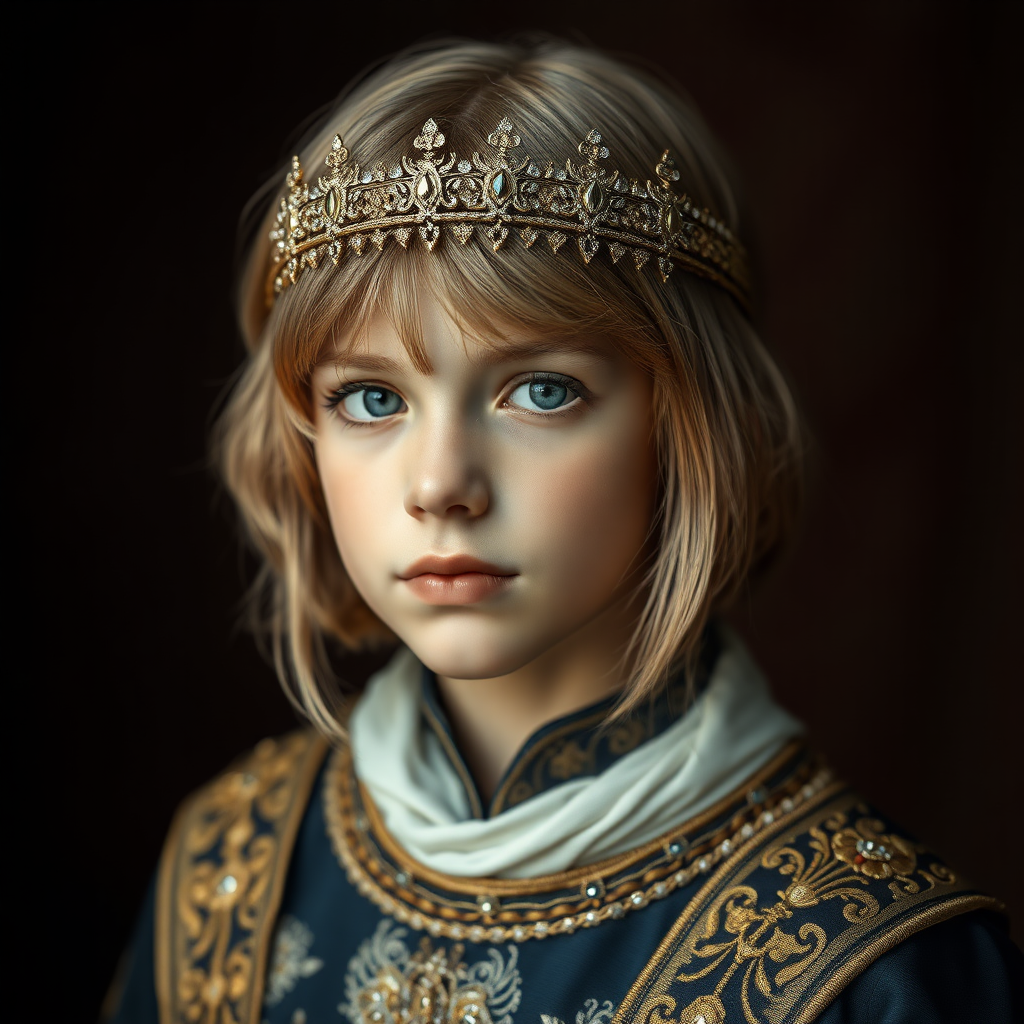 16yo teen boy prince, long bob cut, embroidered with gold and diamonds medieval cloths, diamond diadem, and Beautiful War. Free style by FLUX photorealistic, ultra high resolution, 16K,