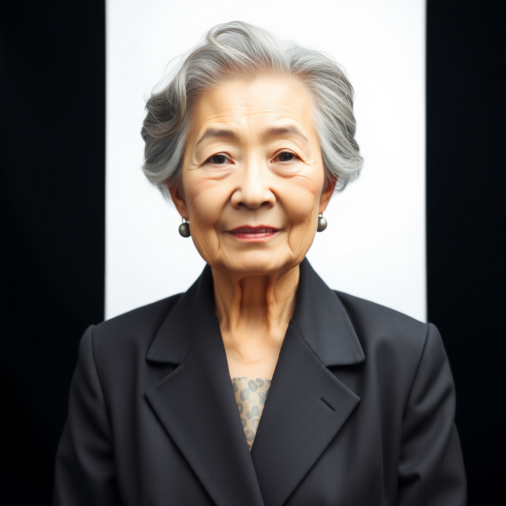 80 age old korean woman, front, woman suit, photo studio background,