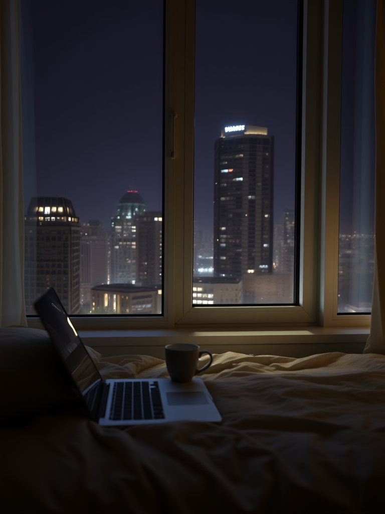 Window, bed, laptop, cup, night, no light, tall buildings, real, reality.