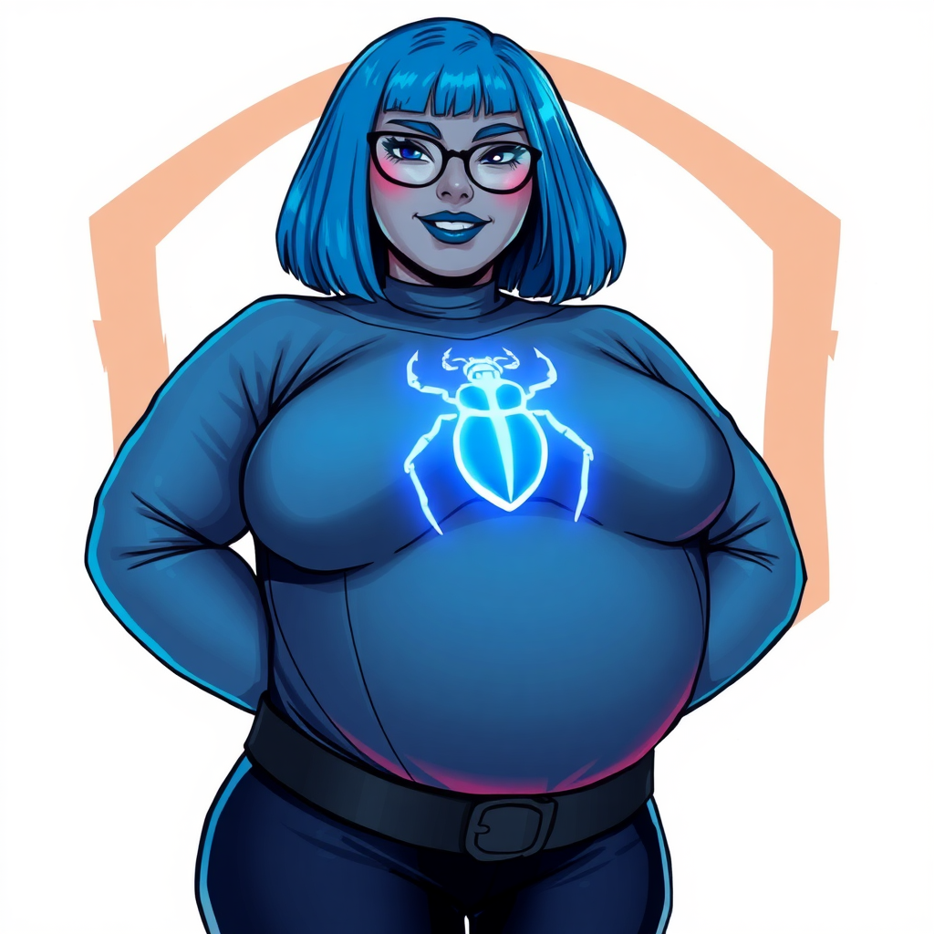 A 28-year-old, full-figured, middle gray metal skinned computer program-human hybrid with a maximum blue bob cut. She has an obvious non-athletic build. She is the digital sidekick, computer hacker, and nerdy girlfriend of her cyberpunk vigilante boyfriend. Her middle gray metallic skin, distinct from any other character, highlights her digital nature. She wears maximum blue lipstick and has bright blue eyes. Her outfit includes an oversized, loose fitting, digital, maximum blue bodysuit (accentuating her non-athletic figure) with a neon blue glowing chest icon of a beetle on its chest and black gloves. Black eyeglasses accentuate her nerdiness, and she has a lovestruck smile with neon red blush. Her non-athletic full figure consists of a prominent, gargantuan, round midsection (with the full emphasis on her round gargantuan belly), gigantic limbs, and broad shoulders, reflects the doting care of her vigilante boyfriend. She has a bashful pose with her hands behind her back on a solid white background. She is drawn as if she was in a retro 2D cyberpunk fighting game. Ensure her bodysuit covers all her bare skin (especially her prominent round gargantuan belly). Her oversized bodysuit is influenced by Watchmen's Silk Spectre II but remains distinct. She is clearly non-athletic, with emphasis on her full-figured and pudgy physique.