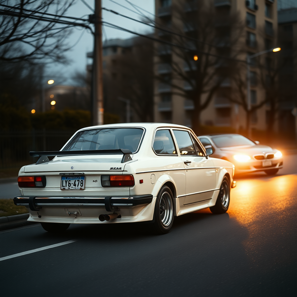 the car is parked on the side of the road, inspired by Taiyō Matsumoto, tumblr, restomod, nd4, c4 a white car is driving down the street, a picture, unsplash, shin hanga, 70's, looking regal and classic, fuji lut, poorly lit, mazoku, devils, lada, lowres, iso 500, backlighted, foam, vehicle photography, frank fanzzeta, 1 2 k, japanese, single light, basic, italian masterpiece