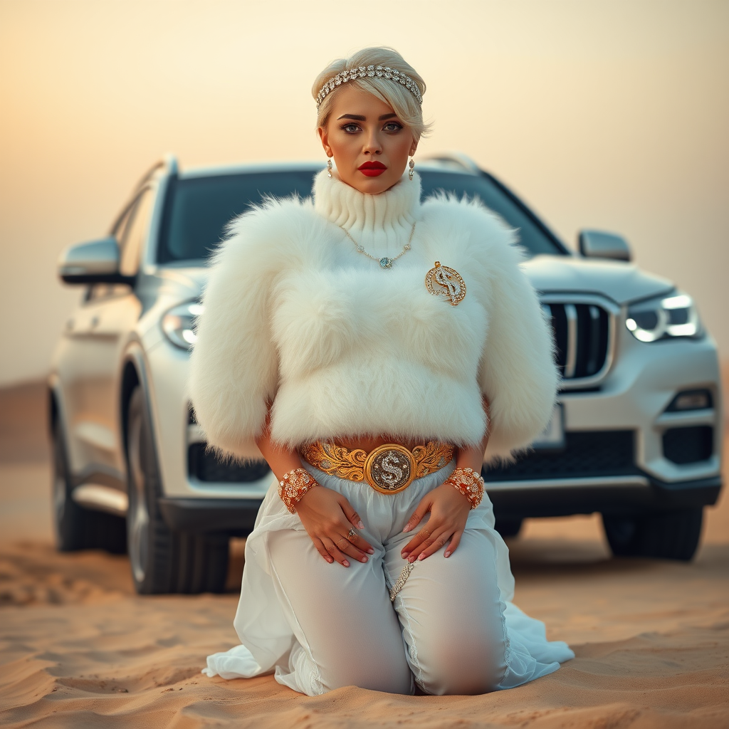 Kuwait desert dunes misty dawn, full size luxury SUV: Melissa, European 17 years old very convincing femboy “trophy-bimbo”, tamed servile docile, very beautiful feminine flawless face, rather short, by hormones very curvaceous womanly figured, platinum blond short tight curls, bold red lips, heavily made-up face, wearing Supertanya-style fluffy very fuzzy bright white angora turtleneck-poncho cropped ending under bust decorated with pearls and gemstones, striking oriental wide gold bridal protection belt, white fully transparent harem pants, full Oriental bridal jewelry including headpiece, Battoulah face veil, coin anklets, striking diamond “$$$” letter brooch on left chest, pout frustrated, hands tied behind back, kneeling in sand in front of SUV, looking at camera. Focus on face and turtleneck-poncho.