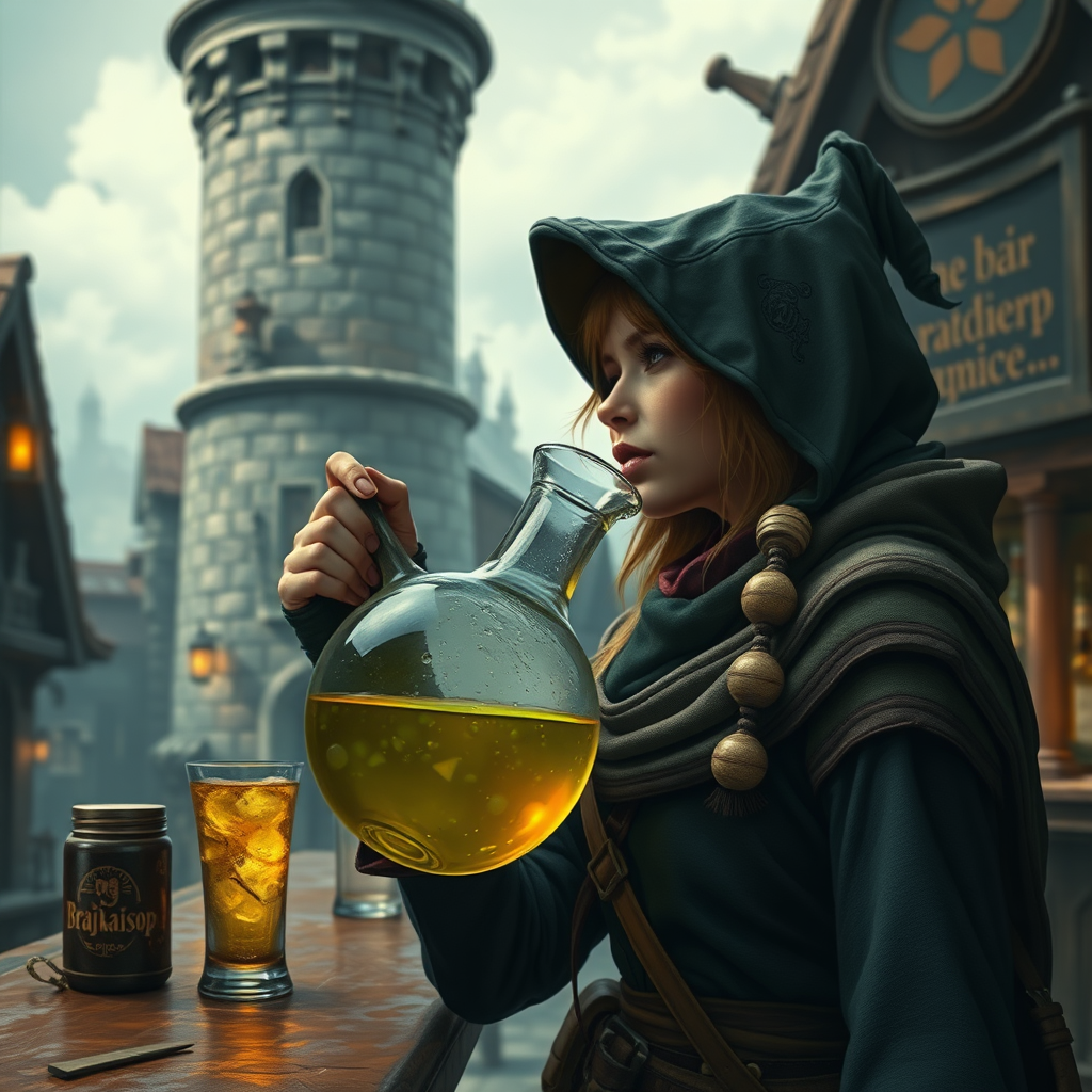 A wide distance shot of a female thief drinking a large potion from a round flask. Dungeons and Dragons port called Waterdeep. Mage tower in the background. Bar with an advertisement for a drink called "Brajkaisop".