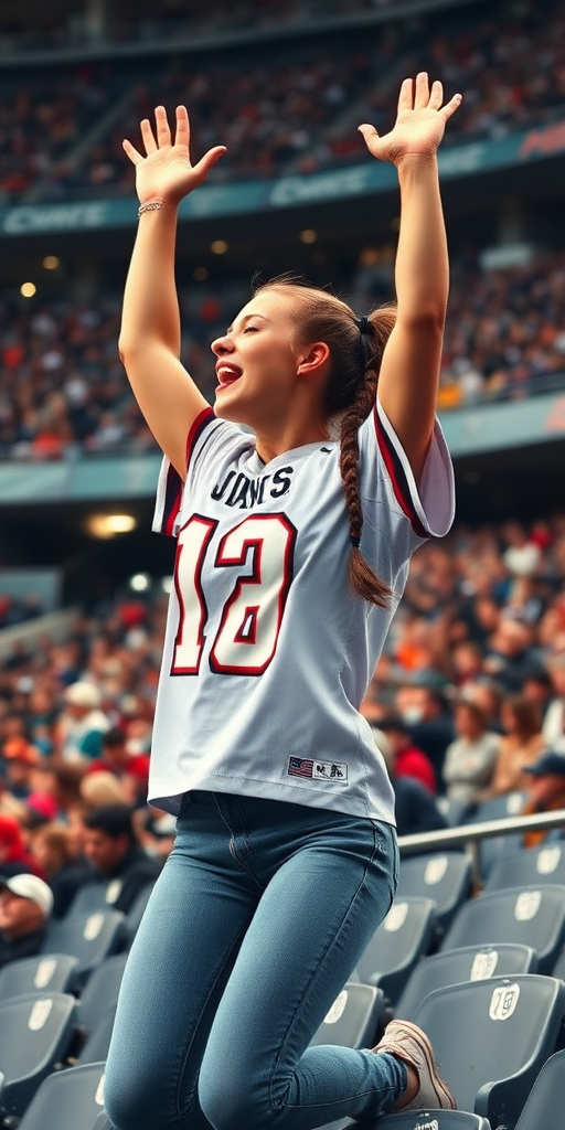 Female NFL fan, extremely attractive, hollering, pigtail hair, jersey, arms raised, jumping inside bleachers, crowded, NFL stadium