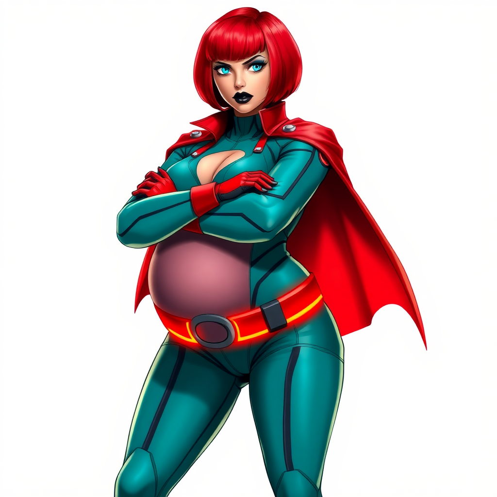 A 26-year-old heavy-set, mystical vigilante detective with a bright red bob cut, black lipstick, and piercing bright blue eyes. She has a new non-athletic build, now highlighted by a prominent, round, gargantuan midsection (with the full emphasis on her gargantuan belly), which shows the aftermath of her vigilante big brother figure's pampering. Despite her new physique, she displays her usual confidence. She wears a high-tech, tight-fitting, maximum turquoise biker suit (accentuating her gargantuan belly), complemented by a glowing neon red cape and high-tech red gloves. Her stance is firm and resolute, arms crossed, exuding a no-nonsense attitude. Her costume reflects the influence of DC New 52 Prime Earth’s Phantom Lady, Jennifer Knight, while her pose embodies the moral ambiguity and determination reminiscent of DC’s Pax Americana’s The Question. She is on a solid white background. She is drawn as if she was in a retro 2D cyberpunk fighting game. She is clearly non-athletic, with a focus on her full-figured physique.