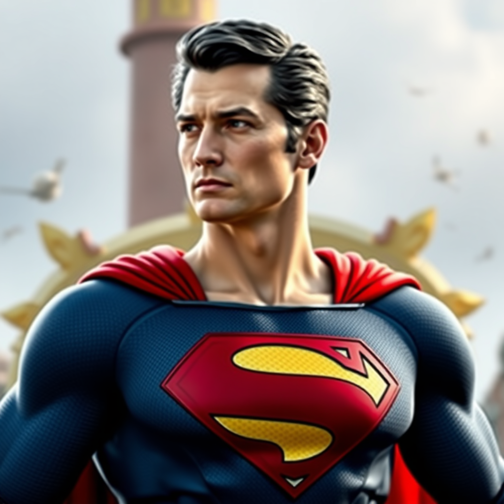 Create a photorealistic full-body image of Superman, but adapt his figure to resemble Marie Rose. Preserve Superman's head, hairstyle, and facial features while adjusting the costume to suit the new proportions. Set the scene with a background inspired by elements from both characters' universes.