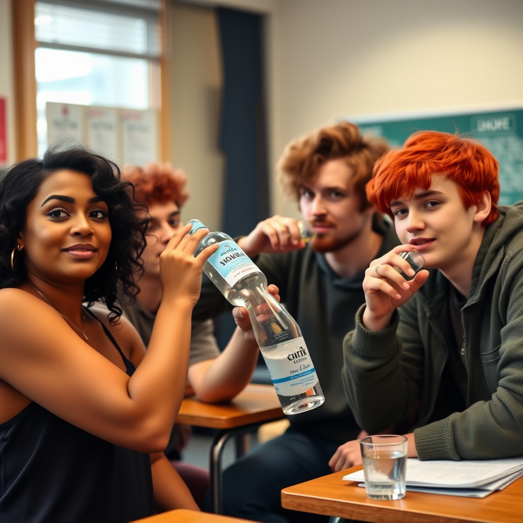 A Black woman with wavy hair, a short curly red-haired guy, a brown-haired guy, and a non-binary person with red hair are all drinking a bottle of vodka together in a classroom at school during a lesson.