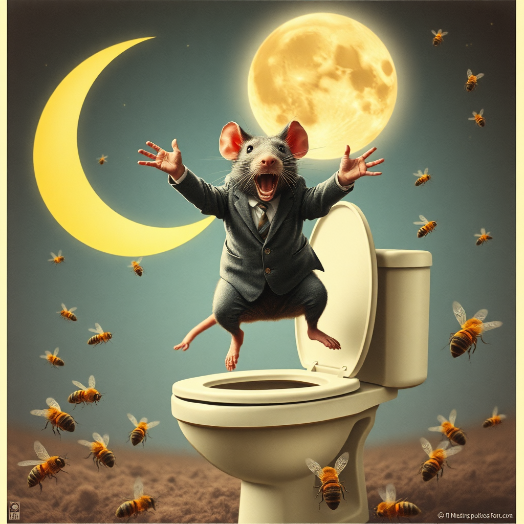 A rat politician diving off the moon into a toilet, bees, 70s musical movie poster, no text