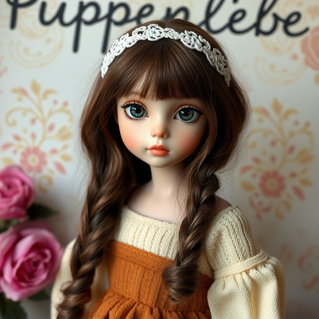 ooak art doll, artist doll, realistic doll, life-like porcelain doll, text on the wall in the background says "Puppenliebe", cool preteen girl, unique personality, stunning eyes, bisque doll, bjd