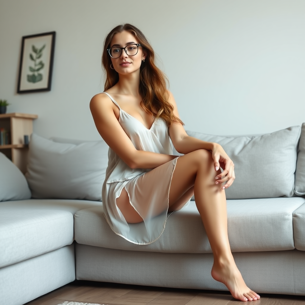 young european woman, full body shot, graceful figure, sexy, wearing glasses, sheer outfit, barefeet. around the age of 20 to 30. sitting on the couch in the living room.