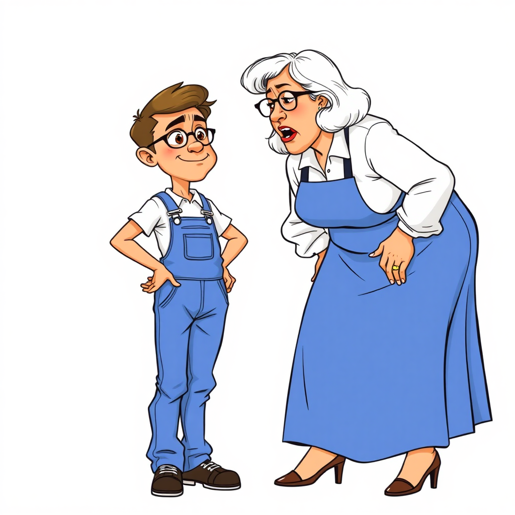 20 year old european skinny boy wearing work overalls is blushing excited while lectured by a towering 55 Years old, European, Latina, sharp aquiline nose, wrinkles, high cheekbones, Middle Eastern, Skinny, Tanned skin, Dark light skin, Rounded Medium breasts, Skinny thighs, full Makeup, jewelry, Serious face, Sharp nose, blushing, Ash hair, short bowl haircut, Brown eye color, Glasses, with detailed features. Hands on hips, She is bent over the boy, she is wearing a white shirt and a blue skirt, detailed fabric. full body, high heels sandals, long establishing shot, 2D, caricature, cartoon, Sketch lines, coloring book, nlack and white, coloring book style on white background, well composed, clean coloring book page, No dither, no gradient, strong outline, No fill, No solids, vector illustration