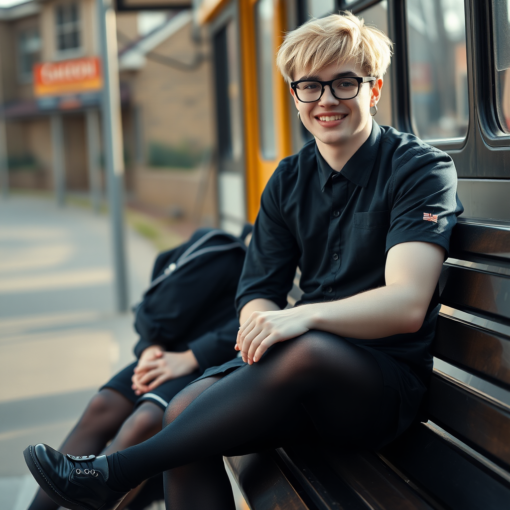 photorealistic, ultra high resolution, 16K, surreal fantasy, soft studio lighting, a pretty 18 year old goth male, slim male physique, short blonde hair, black glasses, goth makeup, earrings, shiny black pantyhose, UK girls-school uniform, Mary-Jane shoes, sitting on his boyfriends lap on a bench waiting for the school bus, in daylight, excited smile, facing the camera.