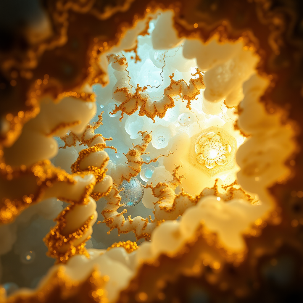 high quality photo, intricate environment, ultra-detailed, impressionistic, dynamic composition, artistic photograph, geode, alabaster, gold, fractal, brilliant colors, glittering, sunlight, illumination, transparency, mandelbulb