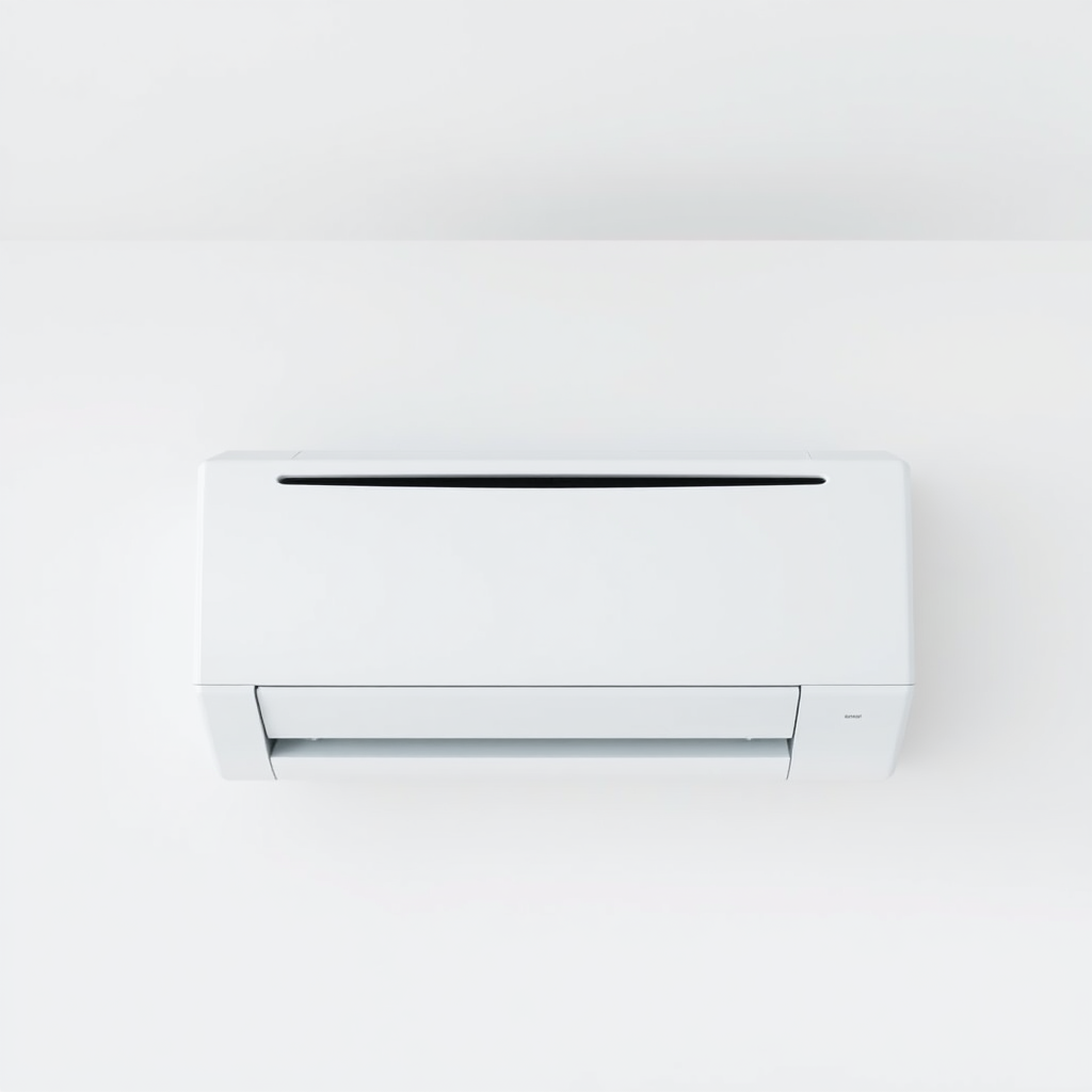 A simple, minimalist stock image of a modern, white air conditioning unit mounted on a wall. The air conditioning unit should take up the majority of the frame, with a plain white or light-colored background. The image should have a clean, professional look suitable for use in business presentations, websites, or other commercial applications.