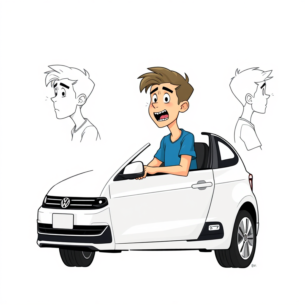 multiple views with progression, character design sheet, short, excited, embarrassed, sweating, 15 year old european boy, detailed features, sitting in a white VW Polo V long establishing shot, 2D, caricature, cartoon, Sketch lines, coloring book, coloring book style on white background, well composed, clean coloring book page, No dither, no gradient, strong outline, No fill, No solids, vector illustration, side view, vector illustration, empty space around each view, movement lines