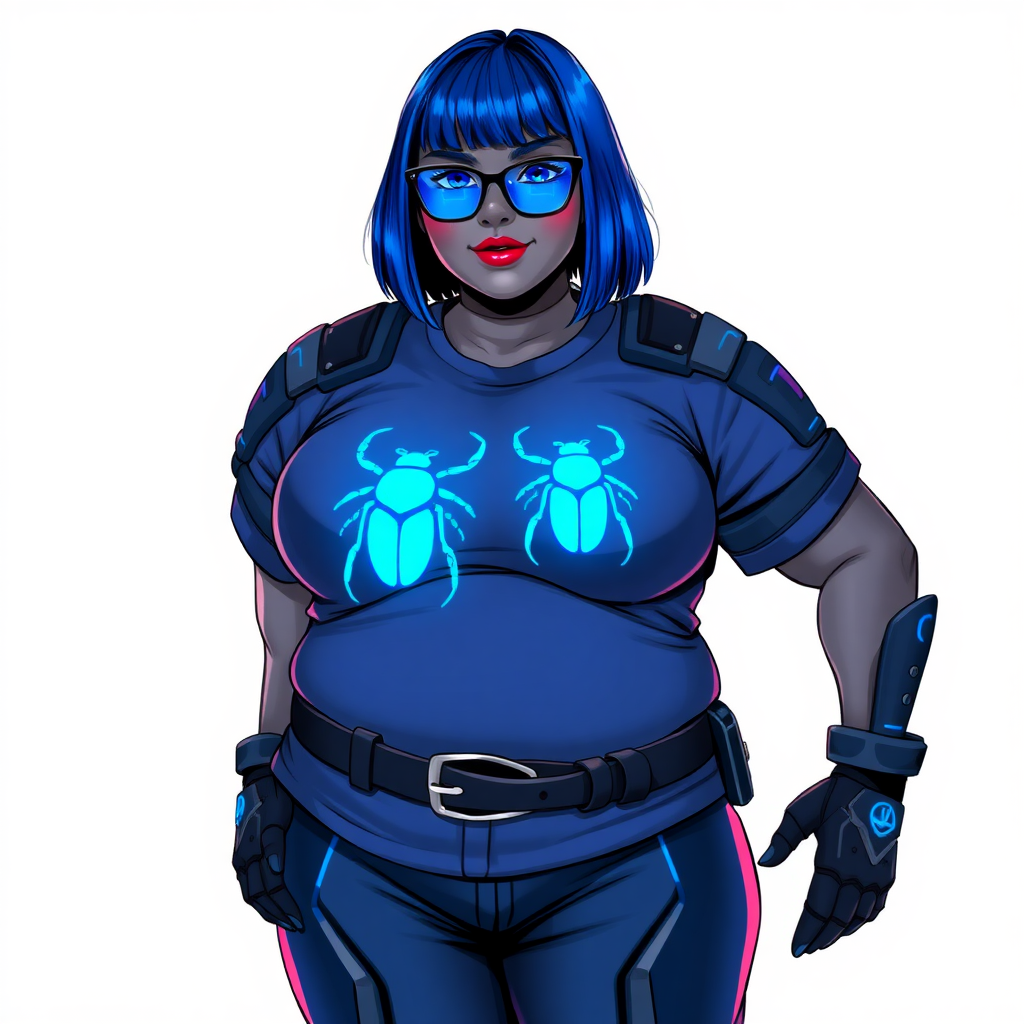 A 28-year-old, full-figured, metallic middle gray skinned computer program hybrid with a vibrant maximum blue bob cut. She has a non-athletic build, highlighted by a prominent, round, large midsection (fully emphasizing her round large belly) while being covered by her large t-shirt, reflecting her new junk food eating habits influenced by her boyfriend. As the full-figured, nerdy, digital sidekick to her cyberpunk vigilante boyfriend, her middle gray metallic skin and maximum blue lipstick underscore her digital essence. She dons a digital, computerized outfit: a large, tight-fitting, high-tech, maximum blue t-shirt with neon blue glowing beetle themed accents complete by a giant neon blue glowing beetle icon on the chest, hi-tech shoulder pads with neon blue accents, a black hi-tech belt with a digital sapphire beetle buckle, digital maximum blue pants with neon blue accents, and black hi-tech gloves with neon blue glowing accents. Her neon blue glowing eyes, black eyeglasses with neon glowing blue lenses equipped with a built-in HUD, and shy smile with neon red blush highlight her nerdiness. She stands bashfully with one hand behind her back and the other gently touching her cheek, her outfit covering all her bare skin and fully emphasizing her full-figured physique (especially her large belly). She is clearly non-athletic, with a full focus on her full-figured physique (with full emphasis on her round large belly). Despite her build, she radiates beauty. Her slim face contrasts with her physique, accentuating her radiant beauty. She is set against a solid white background. She is drawn as if she were in a retro 2D cyberpunk fighting game.