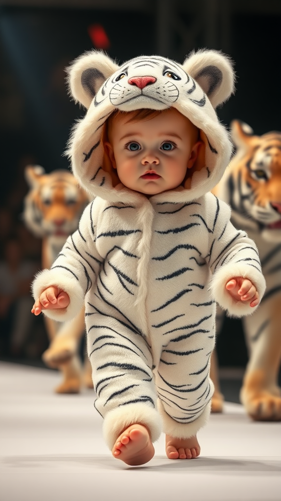 A cute small chubby fair baby with big eyes, pink lips, and pink cheeks, wearing a furry cozy white tiger costume, doing a ramp walk in a fashion show, walking with a real white tiger in a cinematic way.