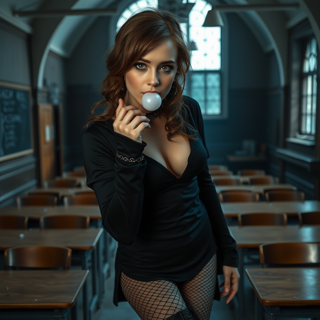 emma watson as hermione granger in goth clothes, brown hair, seductive, chewing bubble gum, black eyeliner, fishnets, high heel boots, revealing hogwarts uniform, cleavage, full body shot, erotic, teasing, dark moody abandoned hogwarts classroom in background, photorealistic, ultra high resolution, 16K