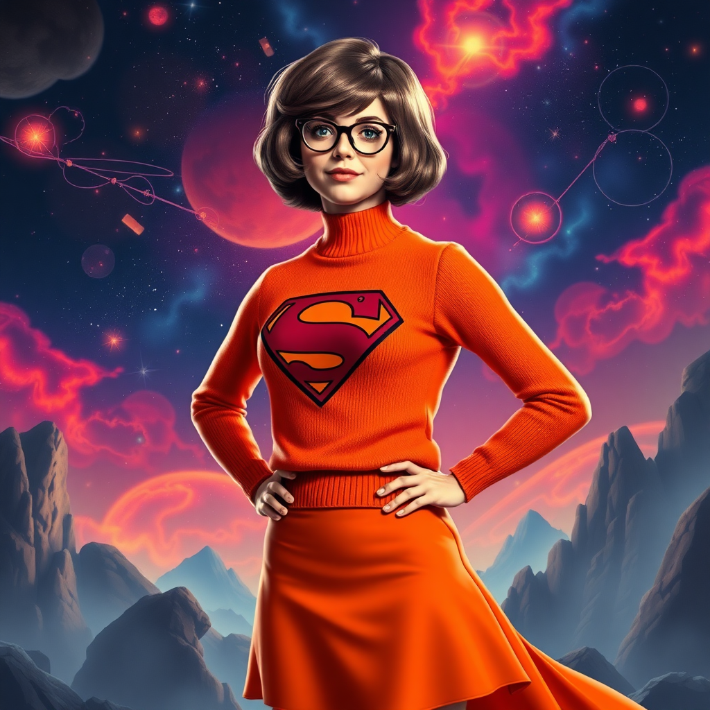 Create a full-length hyper-realistic image of Velma Dinkley, maintaining her head and popular hairstyle, but using the male body type of Superman. Transform her iconic orange sweater and skirt, adjusting the costume to fit the new proportions while excluding any elements from Superman’s costume. Design a background that merges the vibrant, mystical elements of both characters' worlds, incorporating clues and mysteries from Velma's universe alongside Superman's heroic landscapes. Focus on blending the two aesthetics while ensuring the character remains recognizable and engaging.