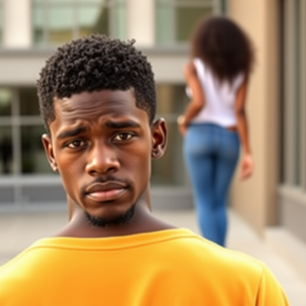 Picture of a 25 year old African American male who's sad while a beautiful 25 year old African American female walks away from him. You see the woman's backside walking away from the man as he faces the camera.