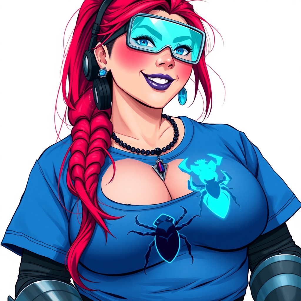 A cyberpunk vigilante’s full-figured intelligent and tech-savvy 29-year-old girlfriend, who is a computer hacker and tech genius. She has a long ruby red ponytail and bright blue eyes. She wears maximum blue lipstick, a sapphire beetle gemstone necklace, sapphire earrings, hi-tech metal arm armor, and an oversized maximum blue t-shirt featuring a neon blue glowing icon of a beetle on its chest. She has a full-figured physique with a giant, round midsection, reflecting her well-cared-for lifestyle. She sports a sapphire headset with hi-tech maximum turquoise lensed HUD eyeglasses, and a beaming smile with a passionate bright red blush. Despite her figure and a lack of self-esteem, she radiates beauty. She has a slim face which contributes to her radiant beauty. She serves as his tech expert from his hideout, diligently working at her lab table and computer desk. The background is solid white. She is drawn as if she was in a retro 2D cyberpunk fighting game.