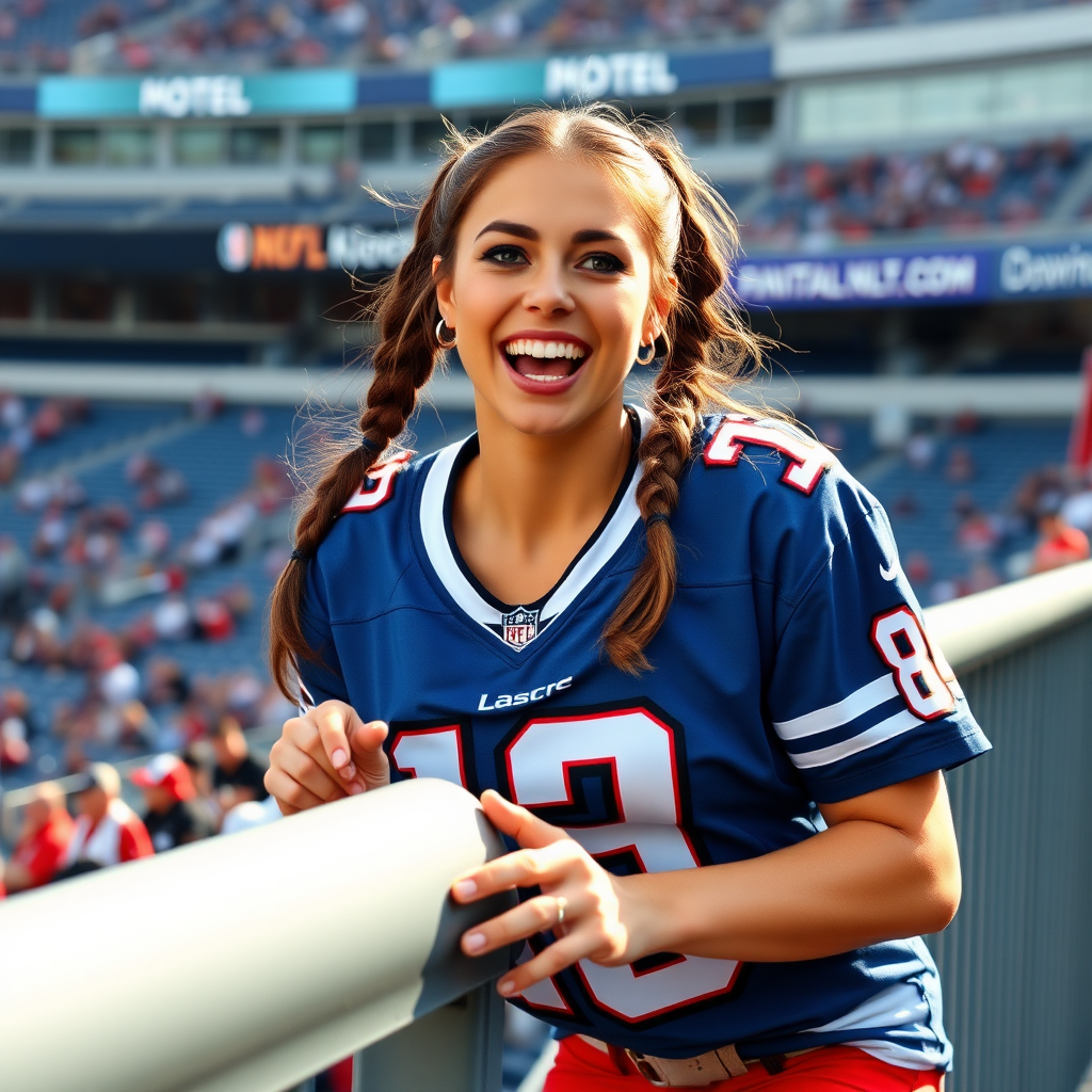 Extremely attractive female NFL fan wearing a jersey with a large chest and pigtail hair, cheering while leaning forward over stadium barriers, at NFL stadium bleachers