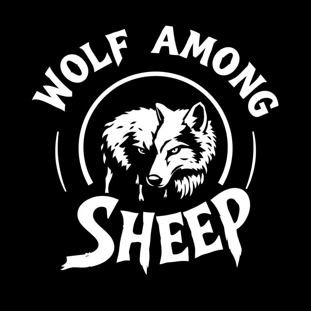 'Wolf among sheep' slogan with sharp font. Black & white. Art of sheep and wolf.