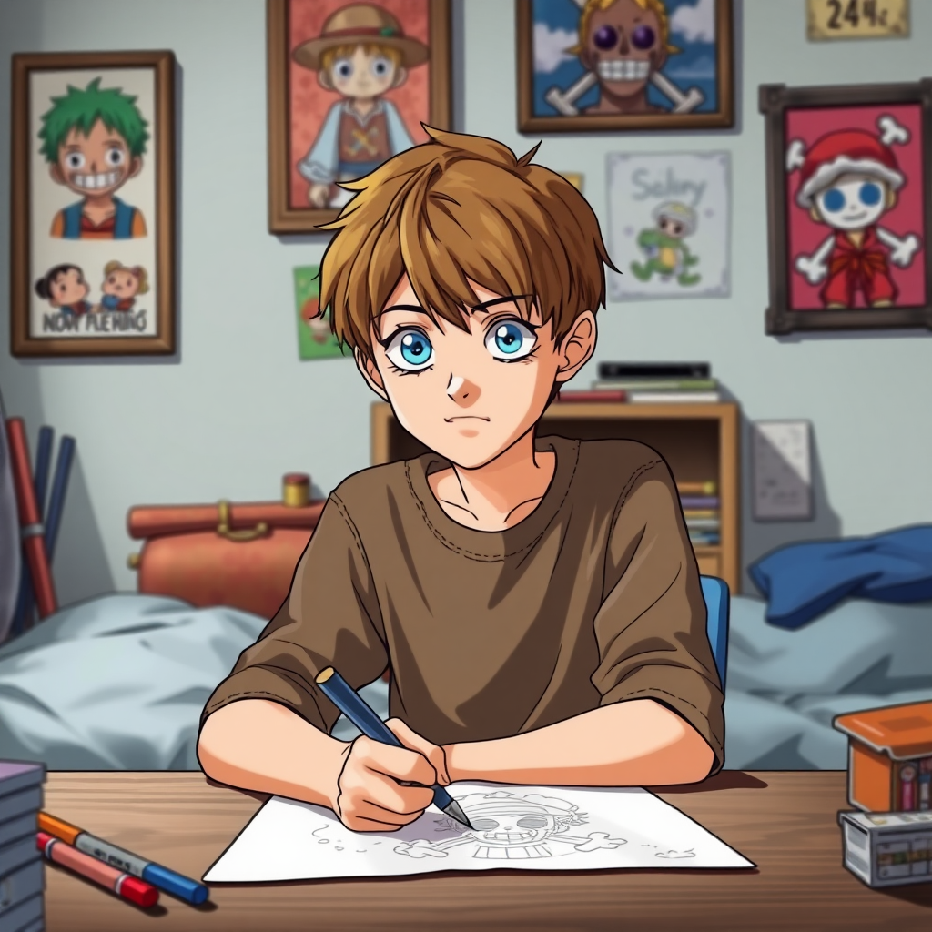 A 12 year old boy sits in his room. He has blue eyes, brown short hair and he has a concentrated look on his drawing on the table. He has Anime pictures on his wall. Anime one piece style.