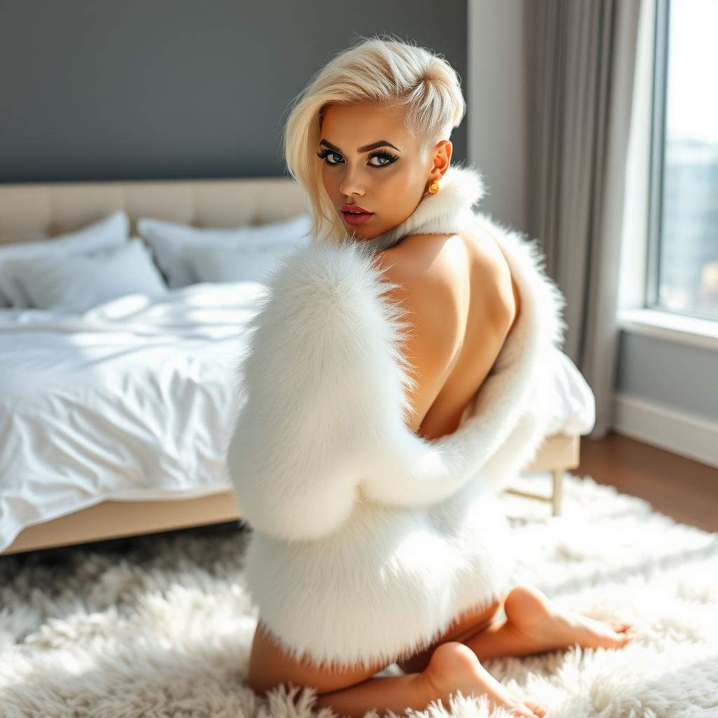 Vancouver sunny spring Sunday morning, master’s stylish penthouse apartment bedroom, concrete-glass-steel-leather clean design fluffy carpet, white sheets on bed, “FUZZY poncho lovers” community photo shoot. Sam, 19 years old beautiful femboy curvy-model, rather short booty figure, platinum blond boyish rebel punk hairstyle, flawless heavily made-up face with sharp arched tattooed eyebrows, wearing Supertanya-style fluffy very fuzzy bright white angora turtleneck-poncho fully covering body and arms, gold earrings, kneeling on carpet in front of bed, both hands behind back, shoulders arched back, proudly presenting her assets, looking at camera. Focus on Sam’s face and turtleneck-poncho.