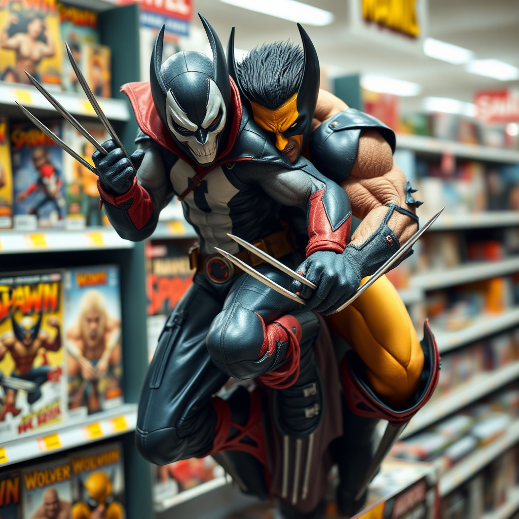 Jumping out of a Comic book cover on a store shelf is Spawn and Wolverine with his perfectly razor sharp claws in Cinematic Real3D photo-realistic quality.