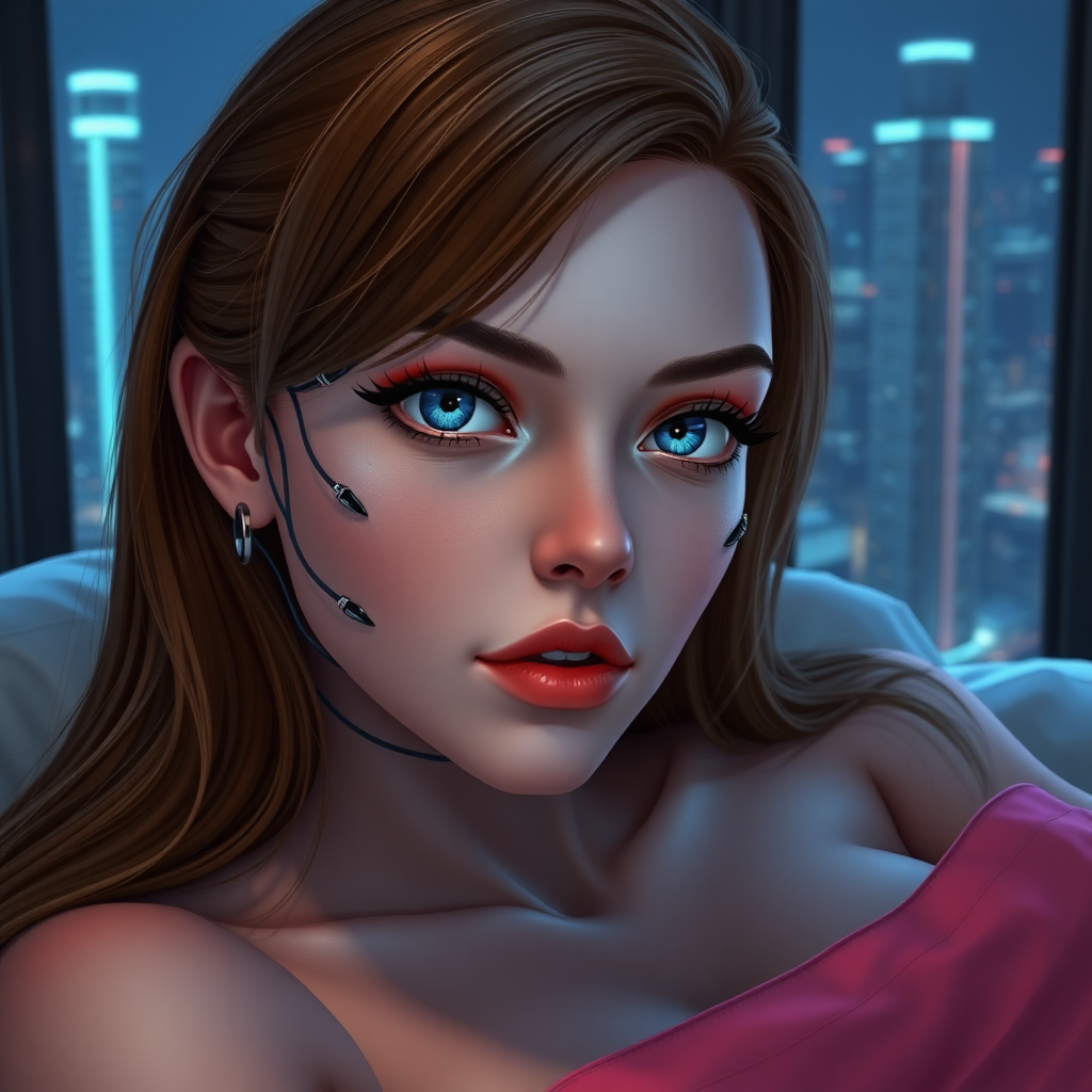 20 year old woman, pale skin, big softly glowing blue eyes, brown hair blond highlights underneath, cybernetic implants, symmetrical metal lines on face, laying on a bed, window view of a futuristic high rise cityscape, dim neon lighting, 2.5D style