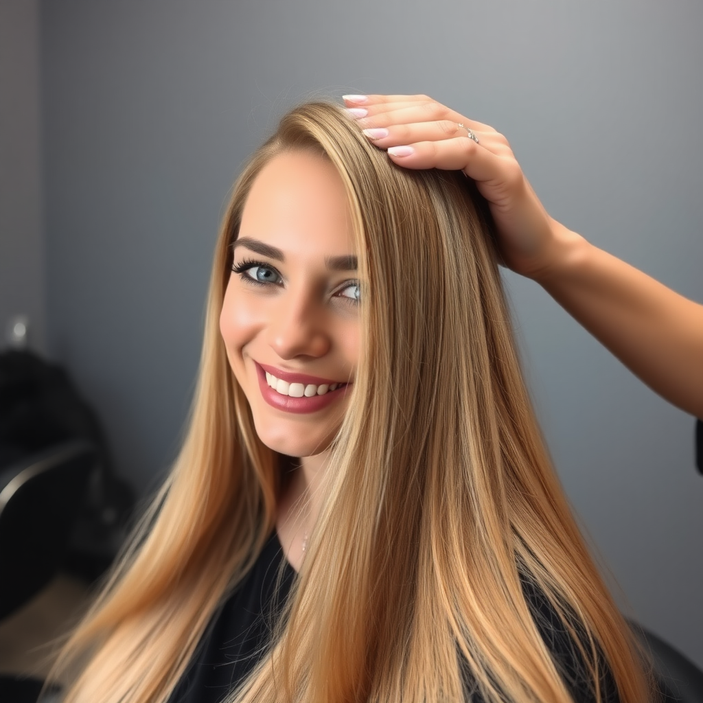 POV, beautiful very long haired blonde woman sitting in a hair salon smiling at the camera while I reach out from behind the camera to massage her scalp. My fingers are digging into her hair rubbing her scalp while her hair is covering my hands. Plain gray background.