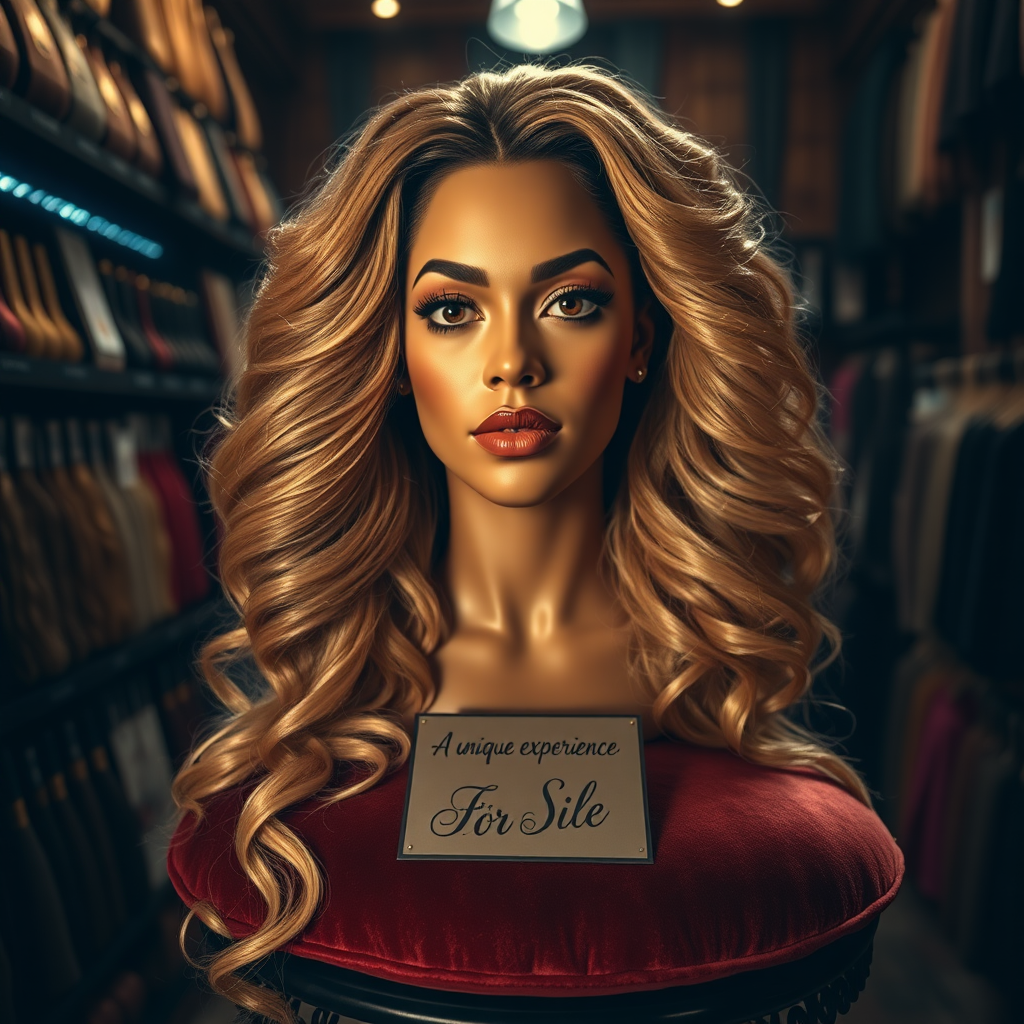 In a peculiar and dimly lit long hair fetish store, an arresting sight catches the eye: a real, live disembodied head of Beyoncé, renowned for her mesmerizing voice and radiant presence, delicately placed on an ornate velvet cushion. Her luxurious, cascading hair, glistening like spun gold, flows gracefully around her shoulders, each strand perfectly styled and exuding a faint floral fragrance reminiscent of jasmine and vanilla.

The atmosphere in the store is tinged with an intriguing blend of curiosity and excitement, where the gentle hum of whispered conversations intertwines with the soft strains of sultry music, creating an intimate ambiance. Shelves lined with various hair extensions, wigs, and other hair-related paraphernalia surround the central display, each item a testament to the art of hair care and the fetish culture that thrives within these walls.

Beyoncé's lifelike head, with striking features and deep, expressive eyes, gazes forward, almost as if aware of the onlookers’ fascination. A small sign next to her, elegantly scripted in gold lettering, reads "For Sale: A unique experience awaits," adding an air of mystique to this extraordinary offering. The richness of her complexion and the sparkling elegance of her makeup highlight the surreal nature of this encounter, making it both alluring and slightly unsettling.

The shop's patrons, a mix of eager collectors and curious passersby, stand in awe, whispering among themselves about the remarkable piece before them, a blend of artistry and fantasy that captures the essence of an icon while igniting a strange sense of wonder.