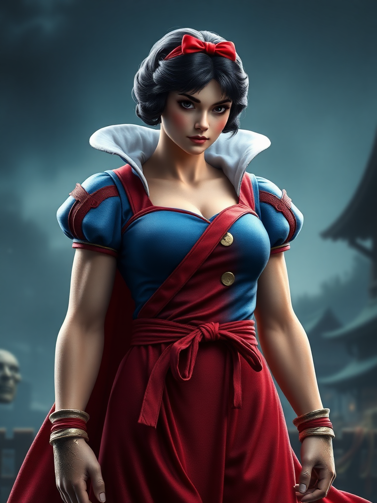 Create a hyper-realistic full-length render of Snow White, featuring the head intact but with the body type of Ryu from Street Fighter. Modify the body structure and silhouette to reflect Ryu's muscular physique and gender. Alter Snow White's iconic costume to fit this new body type while maintaining recognizable elements. The background should be a suitable setting that complements both characters, blending fairy-tale elements with a slightly more dynamic, action-oriented environment. Focus on realism in textures, proportions, and lighting for a striking visual presentation.