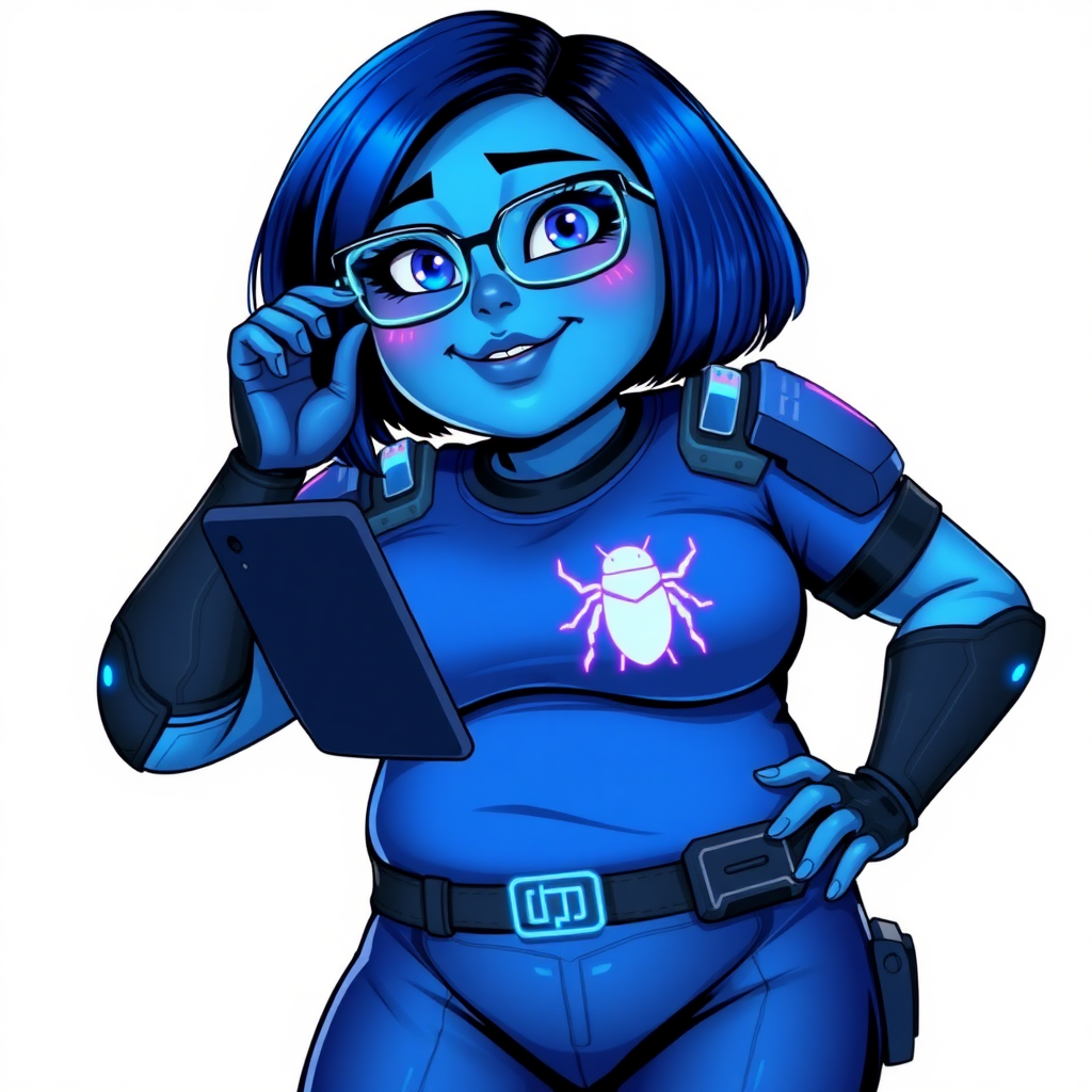 A 28-year-old, full-figured, metallic maximum blue (5PB 5/10) skinned computer program hybrid with a maximum blue bob cut. She has a non-athletic build, highlighted by a prominent, round, large midsection (with emphasis on her round large belly), which shows the effects of her love of junk food acquired from her boyfriend. As the full-figured, nerdy, digital sidekick to her cyberpunk vigilante boyfriend, her metallic maximum blue skin and maximum blue lipstick (5PB 5/12) emphasize her digital nature. Her skin has a subtle, animated glow, with digital patterns occasionally flickering across it, making her digital nature obvious. She wears a digital, computerized superhero costume, consisting of a massive, tight-fitting, maximum blue t-shirt (5PB 5/12) with a neon blue glowing chest icon of a beetle, hi-tech shoulder pads with neon blue accents, a black hi-tech belt with a digital neon blue glowing buckle, digital maximum blue biker pants (5PB 5/12) with neon blue accents, and black hi-tech fingerless biker gloves with neon blue glowing accents. Her neon blue glowing eyes, black eyeglasses with neon blue glowing lenses equipped with a built-in HUD, and bashful smile with neon red blush accentuate her nerdiness.

She stands with a shy, slightly hunched posture, one hand nervously adjusting her glasses while the other clutches a digital tablet close to her chest. Her pose reflects her intellectual curiosity and slight social awkwardness, much like Sci-Twi. Her costume covers all her skin and emphasizes her full-figured physique (especially her round belly). Despite her build, she radiates beauty. She has a slim face compared to her physique, accentuating her radiant beauty. She is on a solid white background. She is drawn as if she were in a retro 2D cyberpunk fighting game. Make sure her skin tone is distinct from Inside Out's Sadness or any other character.