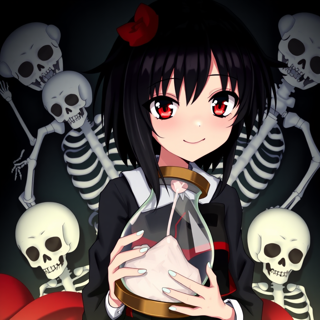 An anime girl with black hair and red eyes is wearing an hourglass. She has a smile like a villain. Behind her lie skeletons.