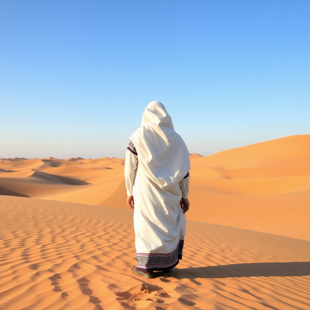 a person who is in the desert and is wearing a djellaba