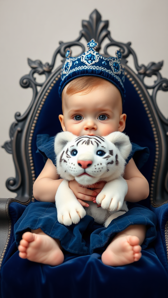 A cute small chubby fair baby with big eyes, pink lips, and pink cheeks, wearing a royal dark blue frock, sitting on a navy blue throne, holding a white fluffy cute tiger.