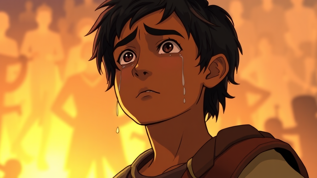 "Miguel, with tears streaming down his face, watching the spirits disappear into the light, feeling both sorrow and relief." (Character: Miguel, visibly emotional.)