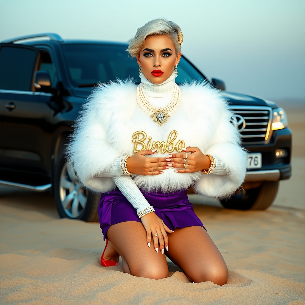 Kuwait desert dunes misty dawn, full size luxury SUV: Melissa, European 17 years old very convincing femboy “trophy-bimbo”, tamed servile docile, very beautiful feminine flawless face, rather short, by hormones very curvaceous womanly figured, platinum blond short tight curls, bold red lips, long white French nails, heavily made-up face, wearing Supertanya-style fluffy very fuzzy bright white angora turtleneck-poncho cropped ending under bust decorated with pearls and glass stones, very tight purple vinyl mini pleated skirt, bright red pumps with golden very high heels, white pearl belly piercing, full Oriental bridal jewelry including headpiece, nose-ring, coin wristlets, coin anklets, striking diamond “Bimbo” letter brooch on left chest, thick heavy pearl wristlets, pearl anklets, pout frustrated, kneeling in sand in front of SUV, looking at camera. Focus on face and turtleneck-poncho.